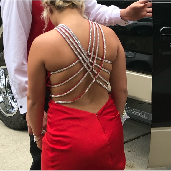 Red Beaded back detail prom dress - Picture 6 of 7